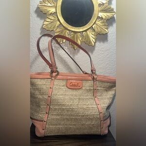 Coach Straw Woven Tote Peach Leather Trim Summer Shoulder Bag B1229-F21959